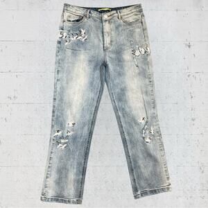 Gianni Bini Straight Leg Stonewash Distressed Embroidered Bird Jeans Size L Boho